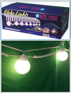 8 Globe Light Set White Globes with 30 Foot White Cord, Weather Resistant Outdoor String Lights for Parties Weddings and Events, UL Listed, Bulbs not