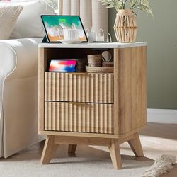 E64 $60  Fluted Nightstand with Charging Station, 18" Modern Side Table with Faux Marble Top, 2 Drawers End Table w/Storage, Bedside Table for Bedroom