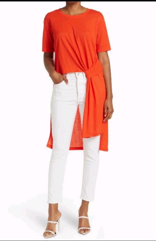 Patrizia Luca Hi-Lo Tunic Top Women Sz L Red Orange Knot Insert Lagenlook