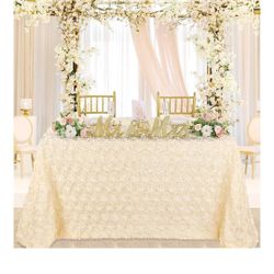 Ivory  White Rosette Fabric Tablecloth 156"L By 90"W.