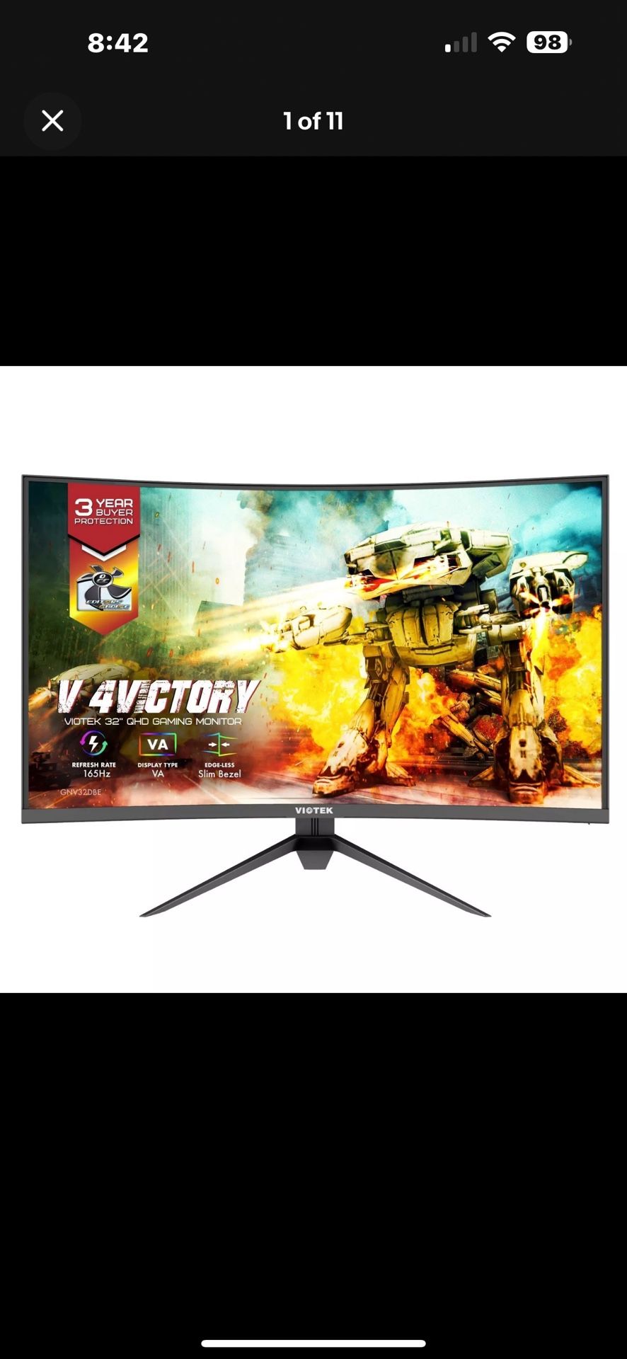 VIOTEK 32" Curved Gaming Monitor 165Hz 2560x1440p QHD 120% sRGB G-SYNC FreeSync
