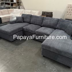 New! Grey 120”L Double Chaise Sectional Sofa, Corduroy Sectional, U-Shaped Sectional, Grey Sectional With Chaise, Soft Plush Sectional,Sofa,Sectional 