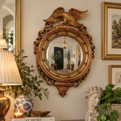 Vintage Syroc Federal Style Gold Eagle Convex Wall Hanging Mirror Lightweight Resin Ornate Bullseye Collectible Mid Century Wall Art 
