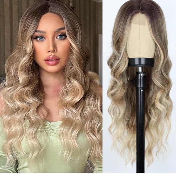 Gorgeous 27" Long Blonde Ombre Hair Wig with Soft Beach Waves/Curls [Heat Resistant]