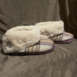 Muk Luks Cream Knit Clog Slippers Faux-Fur Cuff and Lining Striped