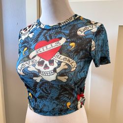 Ed Hardy Blue Mesh Crop Top Sz Small Womens