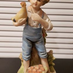 Bisque Ceramic Figurine Boy with Chicken & basket of apples - Vintage farm Boy Figurine Decor gift