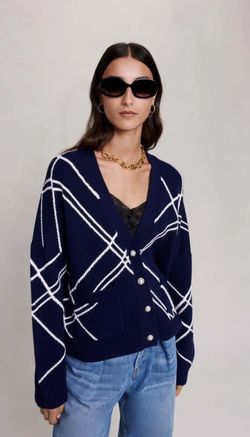 Maje Moova Striped Button-front Cardigan In Navy Size 3 Oversized Knit Sweater