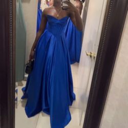 Royal Blue Formal Prom Dress – Strapless Satin Ball Gown
