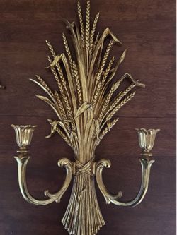 Vintage 1971 MCM Gold Wheat Sheaf Sconces (Pair), large, beautiful,