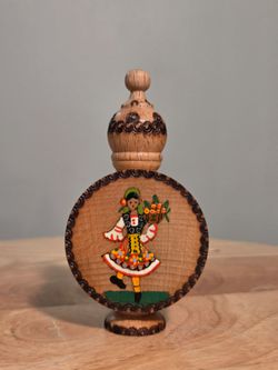 Vintage Handcrafted Bulgarian Wooden Perfume Flask Case Traditional Folk Costume