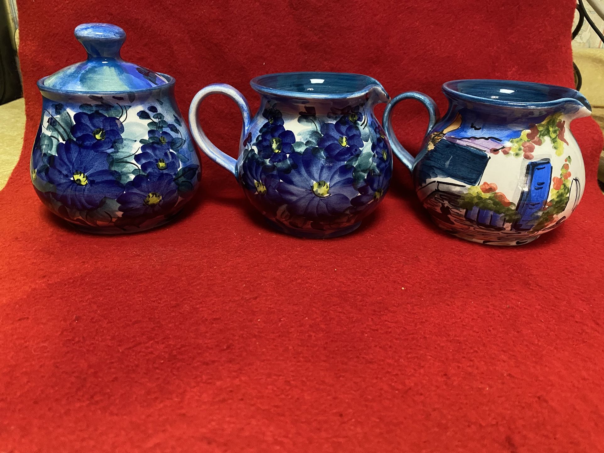 Set Of 3 Hand Painted Blue Greek Ceramic Milk/Sugar Set Imported From Greece
