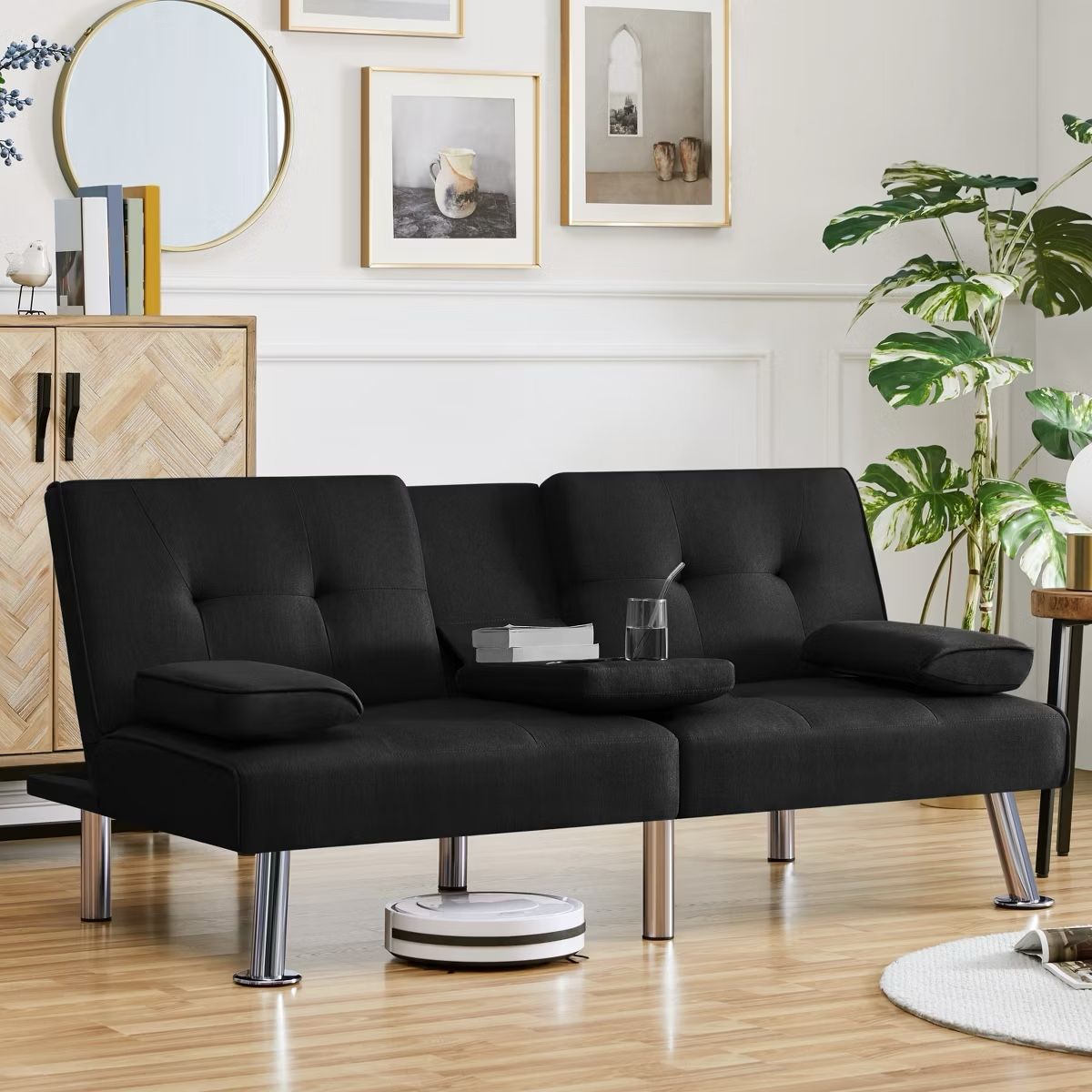 Modern Fabric Upholstered Futon with 2 Throw Pillows, Black