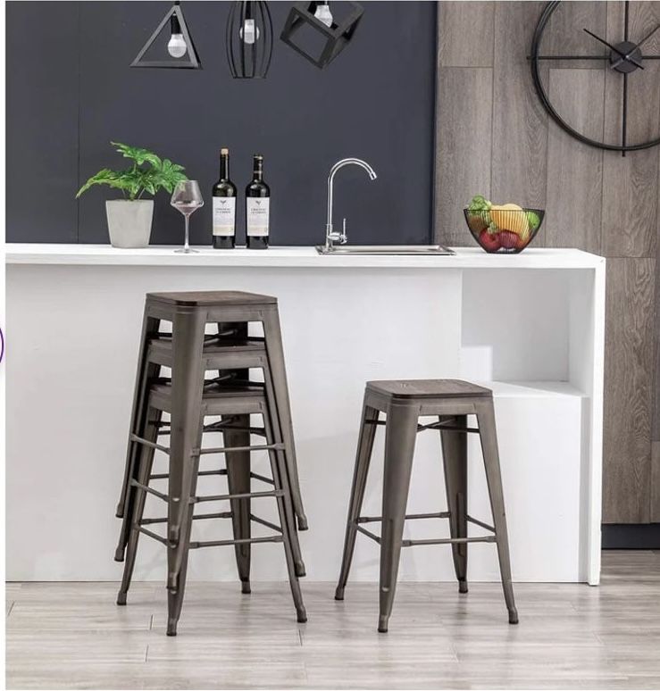 Set of 4 Metal Bar Stools with Brown Wooden Seat - New In Box 