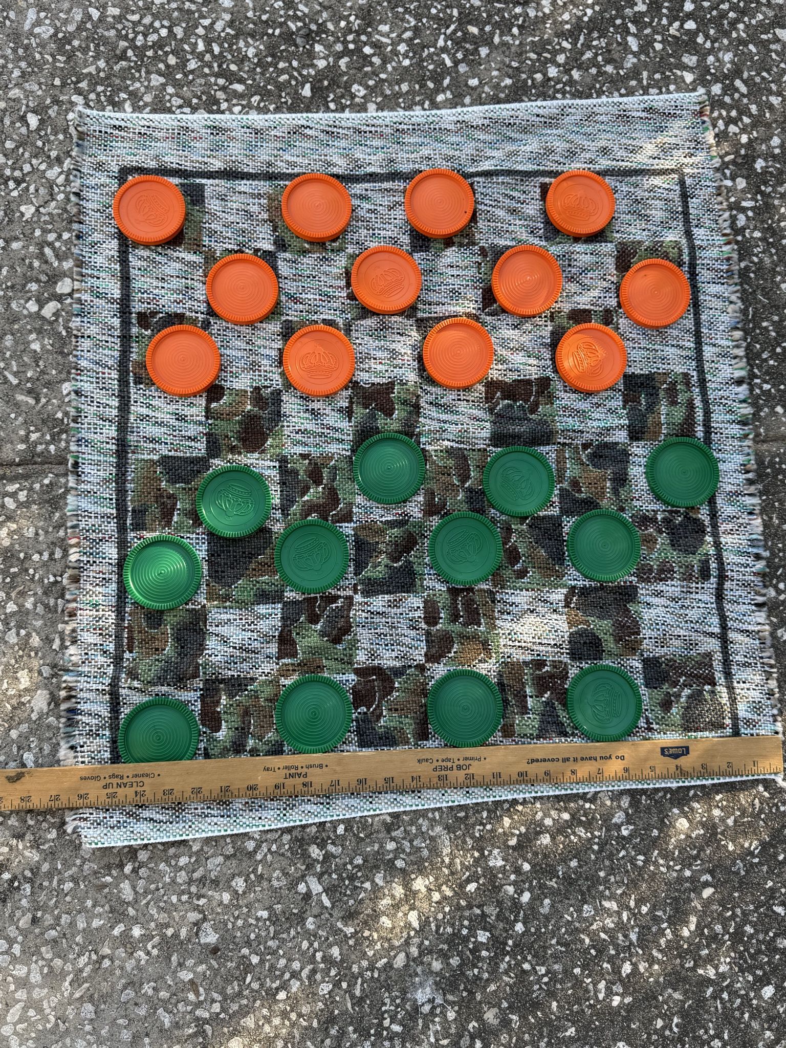 Grain camouflage checker board/cloth game with Tick tac toe on the other side