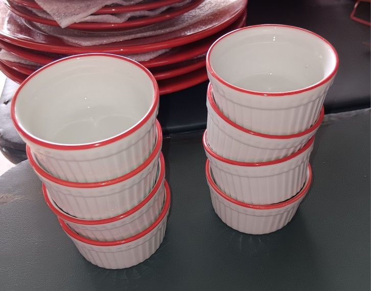 8 Small 3"x 1.25" Ramekins White w/red rim World Market