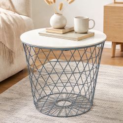 Modern West Elm Style Round Side Table | Metal Wire Basket Base + White Top | Minimalist Coffee Table