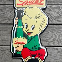 VINTAGE STYLE LITTLE SQUIRT SODA MASCOT EMBOSSED METAL SIGN 