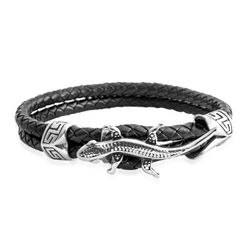 Genuine Leather & Black Oxidized Stainless Steel Lizard Bracelet (8.50 In)