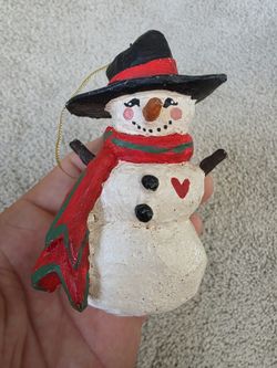 Vintage 1995 House of Hatten Snowman Christmas Ornament Heart Folk Art 4"
