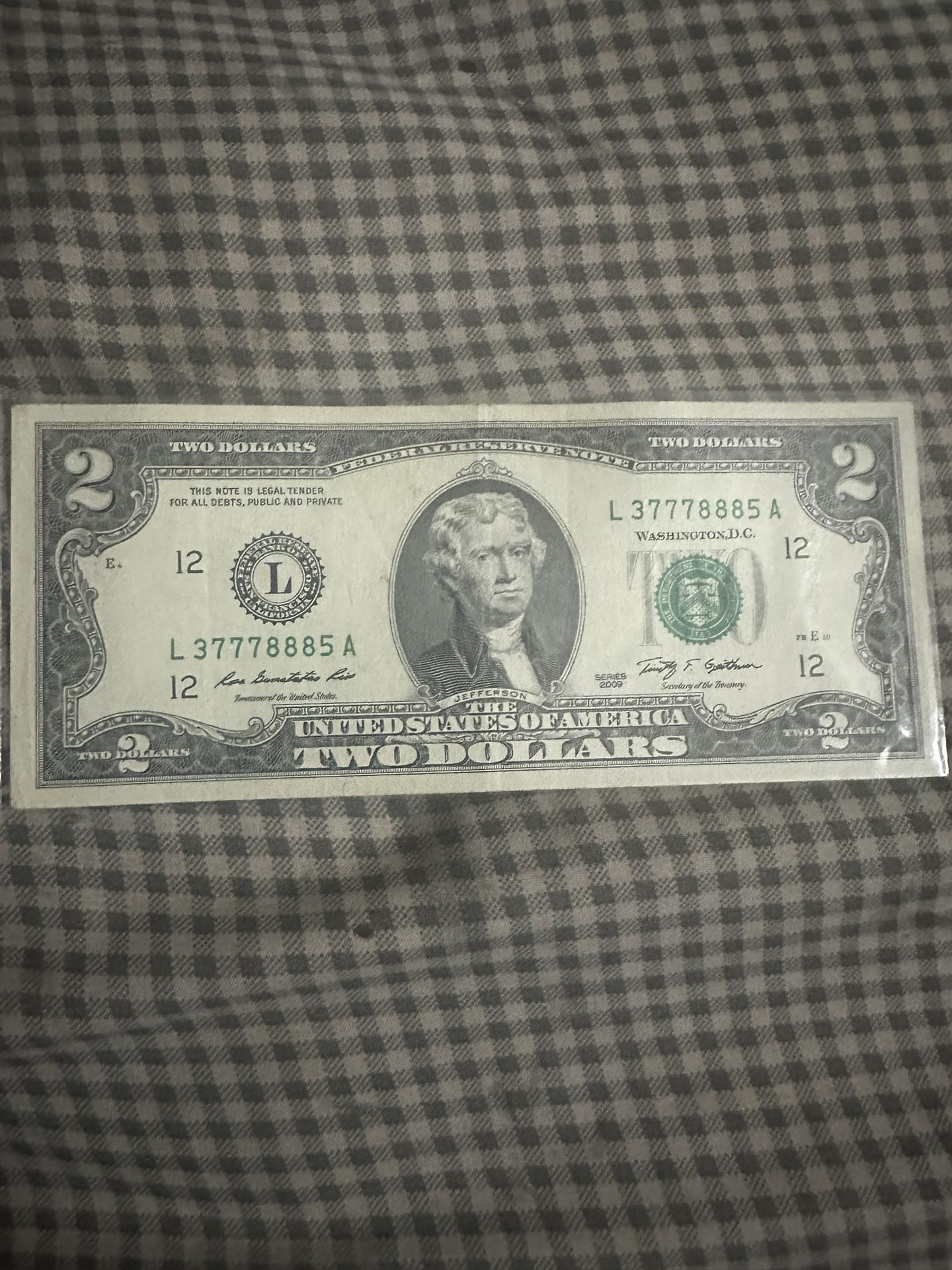 2 Dollar Bill. 2009 Fancy Serial Number 2 Triples L (contact info removed)5 A