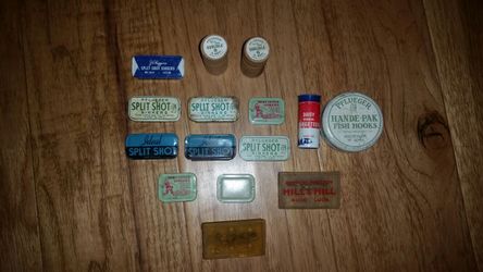 Fishing split shot tins, hooks, license holders