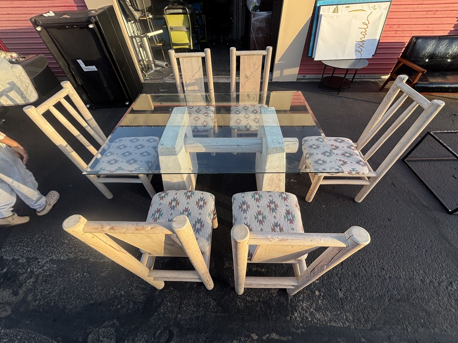 Glass Dining Table W/ 6 Vintage wood Chairs
