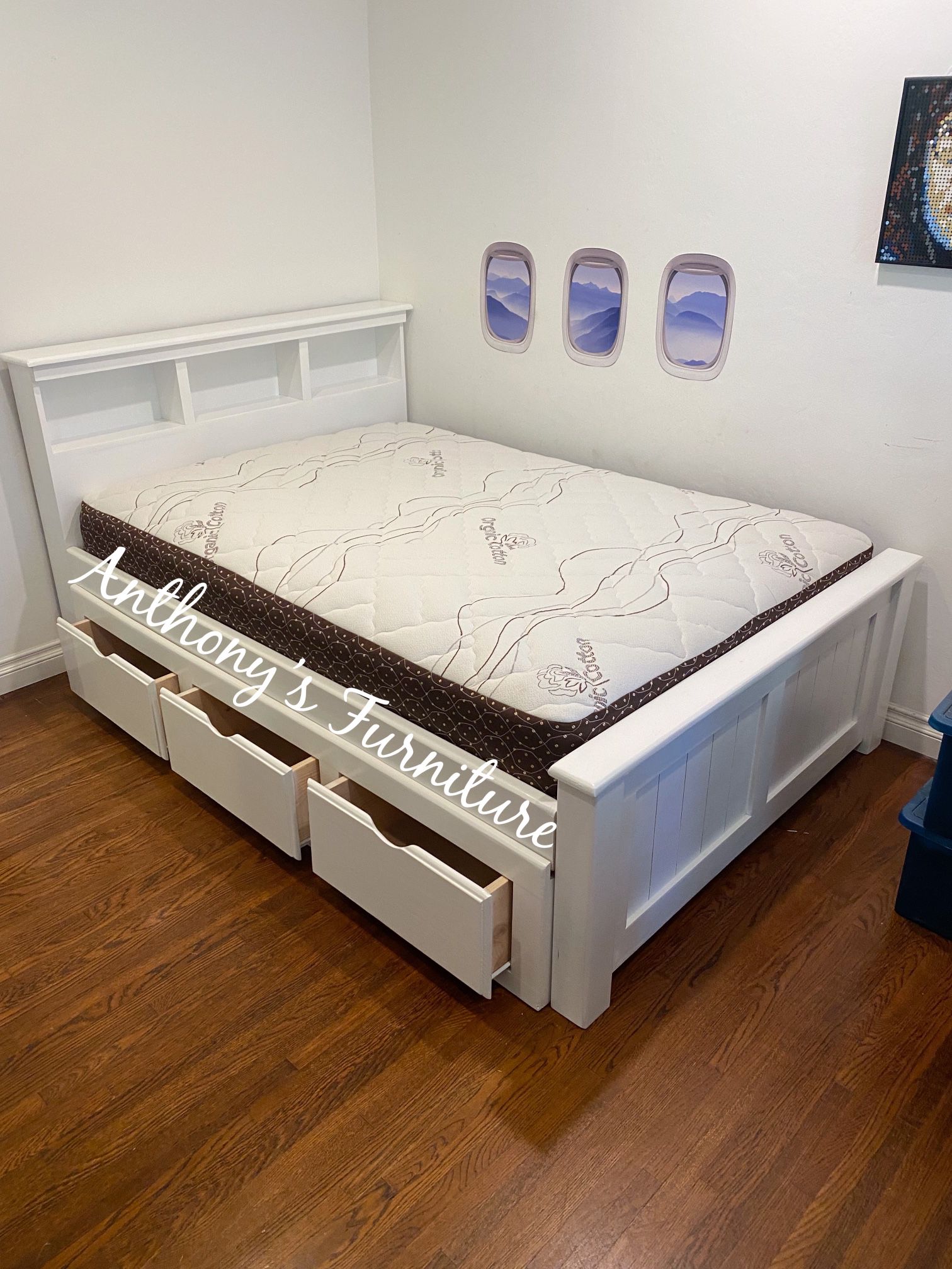 White Full Bed & Bamboo Mattress + Drawers 