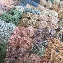 Vintage Penny Yo Yo Fabric Quilt Coverlet Full Queen Bedspread Hand Stitch 84 X 88