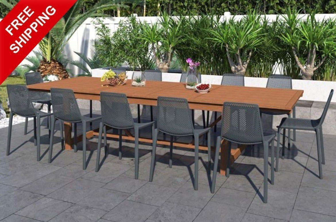 BRAND NEW FREE SHIPPING Rectangular Outdoor 13pc 100% FSC Solid Hardwood and Gray Resin Dining Set