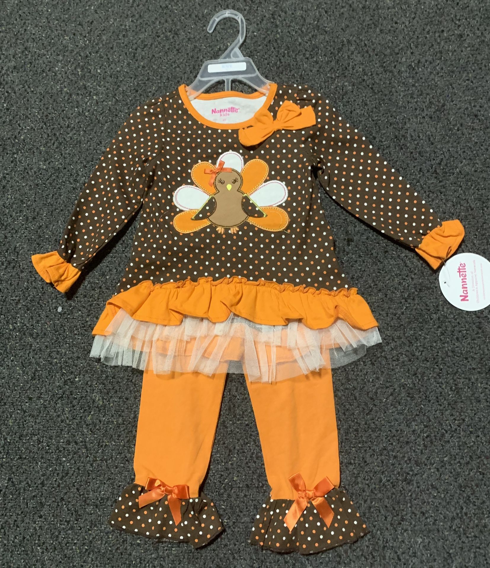 New Nannette Kids girls size 2T artsy embroidered turkey Thanksgiving tunic shirt and leggings outfit