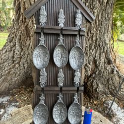 Vintage Dutch Decorative Pewter Soft And Malleable Spoons (soft Metal) Decorative Purposes Only. The Tooth Master Scene By Jan Steen