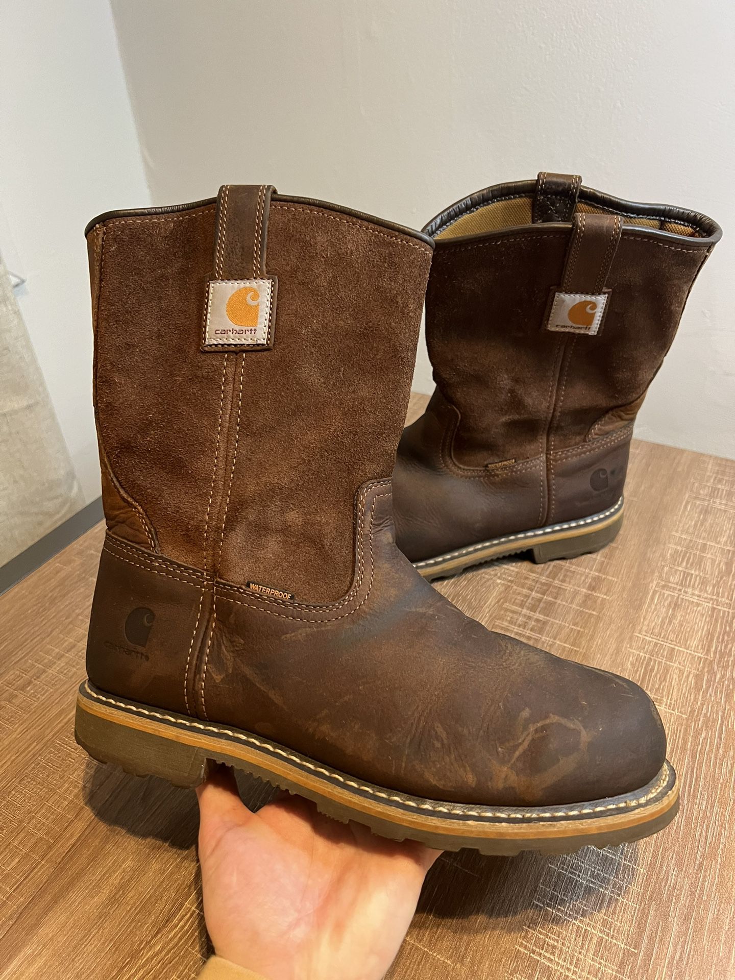 Carhartt Mens Wellington Brown Steel Toe Pull-On Work Tall Boots Size 10