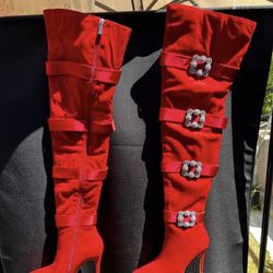 Cape Robin Thigh High Red boots Rhinestones & Satin