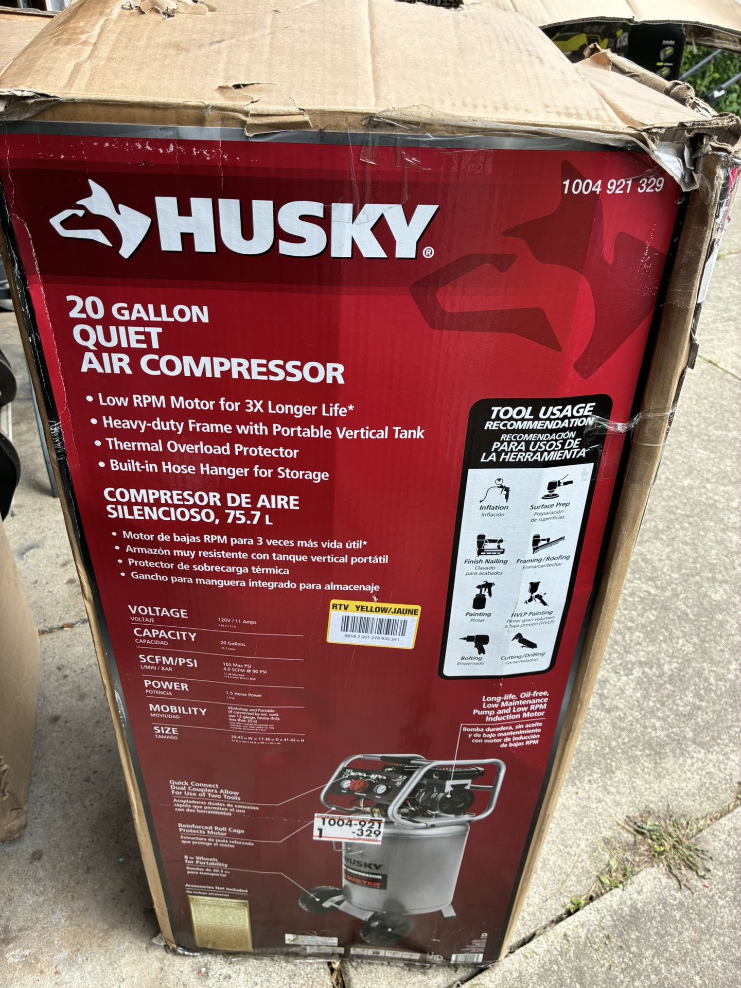 Husky 20 Gal.165 PSI Vertical Electric Oil-Free Quiet Auto/Workshop Air Compressor - New