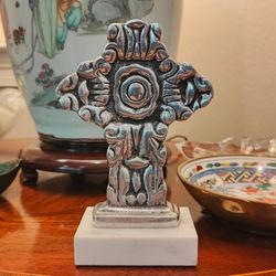 Vintage Pewter Cross on Marble Base Made in Mexico