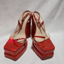 VIVIANLY Red Platform Heels