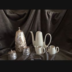 Rare  Vintage Metal And Porcelain Coffee Or Tea Service-