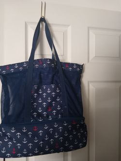 Navy Anchor Print Beach Tote Bag with Cooler