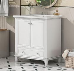  30" Bathroom Vanity with Sink Combo, Multi-Functional Bathroom Cabinet with Doors and Drawer, Solid Frame and MDF Board, White