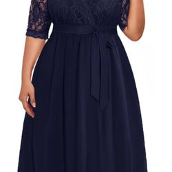 Pinup Fashion Plus Size Lace Chiffon Wrap V Neck Dresses Women Cocktail Wedding Guest Midi Dress