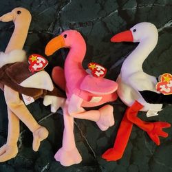 TY Beanie Babies Lot Of 3: Stretch Ostrich, Pinky the Flamingo, Stilts the Stork