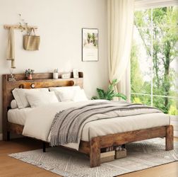 Wooden King Size Bed Frame with Storage Headboard, Farmhouse Platform Beaframe with Charging Station & Led Lights, Sturdy Wood Slat Framework, Easy As