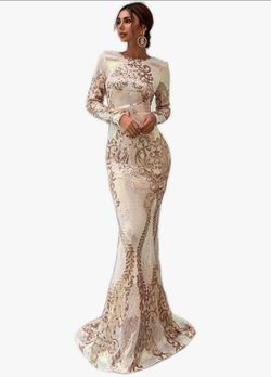 Long Sleeve Backless Sequin Gown Female Maxi Elegant Dress