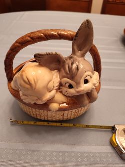 Vintage Ceramic Bunny Rabbits Lidded Basket Candy Dish
