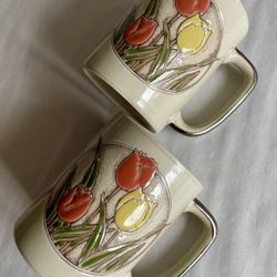 Two Vintage 8-oz Otagiri Embossed 3D Tulip Decorated Mugs