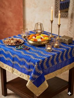 Festive Royal Blue Table Cloth with Gold embroidery