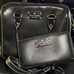 Kate Spade New York Black Leather Satchel + Matching Wallet Set