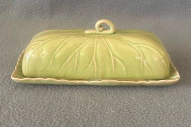 Anthropologie Lilypad green ceramic Butter Dish.
