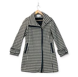 Calvin Klein Womens Houndstooth Coat Wool Blend Black Ivory Zipped Jacket Sz 8